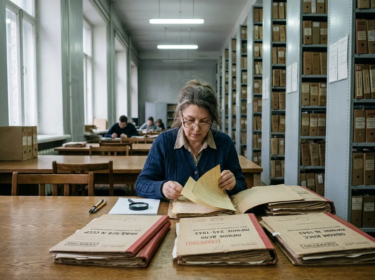Специалист по архивному поиску работает с историческими документами СССР, папки с делами, государственный архив, поиск утерянных бумаг