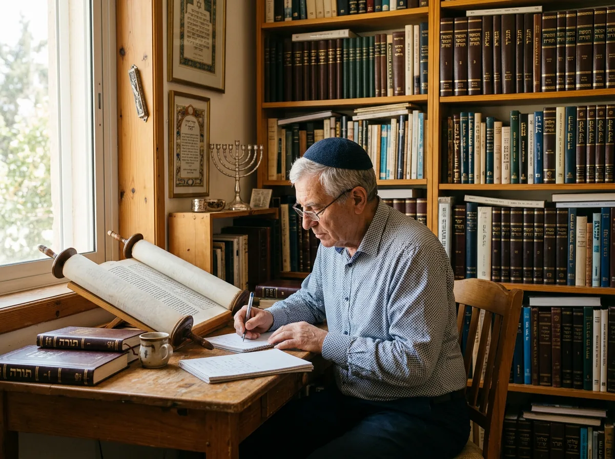 Человек изучает иудаизм, книги Торы на полке, светлая комната, символы еврейской религиозной культуры, процесс гиюра
