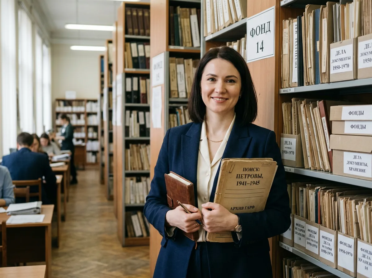 Портрет специалиста по архивному поиску, женщина 35 лет, строгий деловой стиль, фоновое изображение архива с папками документов