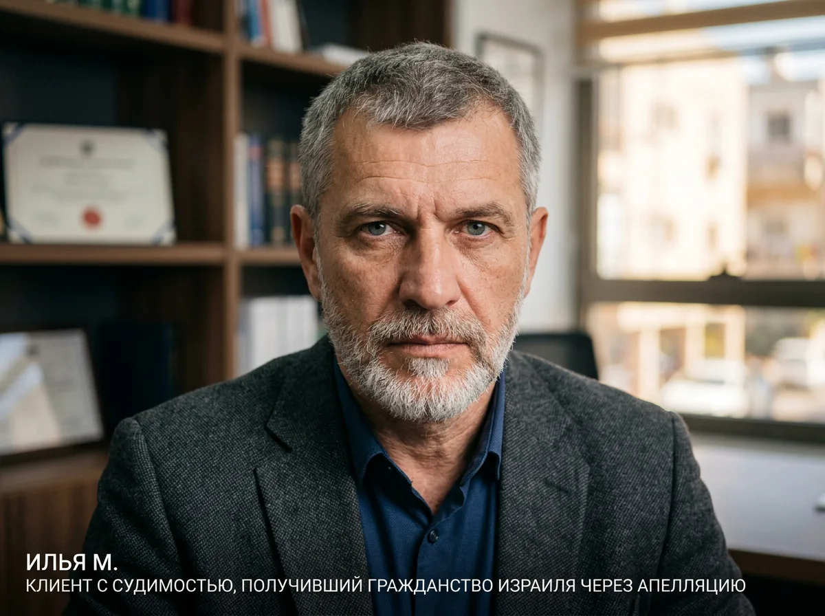 Аватар Илья М., клиент с судимостью, получивший гражданство Израиля через апелляцию, мужчина 50 лет, серьёзный взгляд